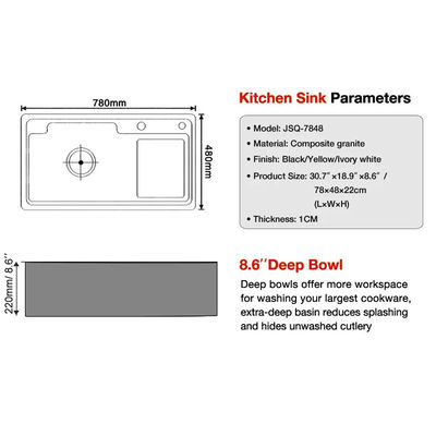 High Class Rectangular  Quartz Composite Sink Black Granite Undermount