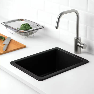 Stone Black Composite Single Bowl Sink , Triangle Overmount Sink On Quartz