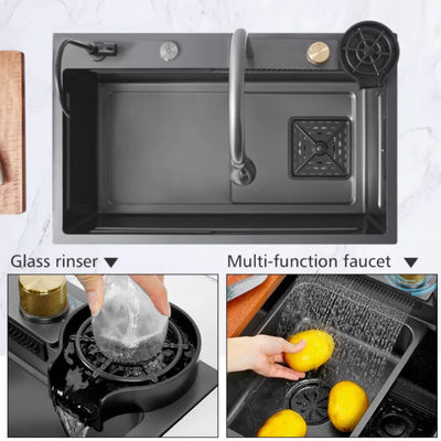 Farm Use Black Glass Stainless Steel Sink Rectangular  Double Bowl