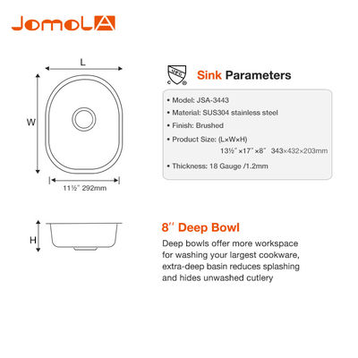 Undermount CUPC Approval 304 Stainless Steel Kitchen Sink Single Bowl 2''
