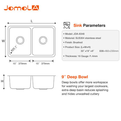 Undermount Sus304 Stainless Steel Sink , Double Bowl Handmade Sink For Kitchen