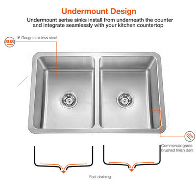 Undermount Sus304 Stainless Steel Sink , Double Bowl Handmade Sink For Kitchen