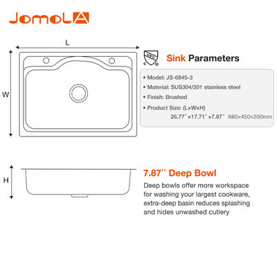 Traditional 304 Stainless Steel Kitchen Sink Top Mount  Deep Bar Use