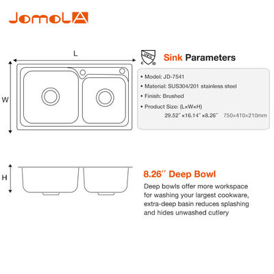 Above counter Series 304 Handmade Sink , Double Bowl Drop In Kitchen Sink 30 Inch