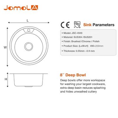 Stainless Steel Single Bowl Composite Kitchen Sinks , Brushed Round Composite Sink