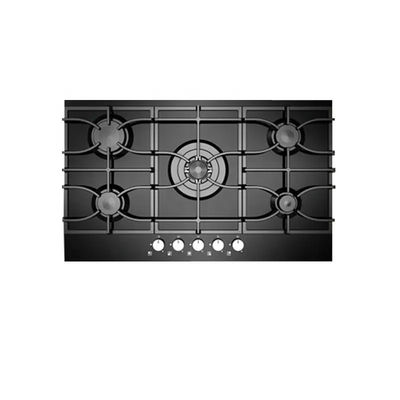 Electronic Ignition Built In Gas Hob 5 Burners With Heavy Duty Cast Iron Pan Support Panel Glass