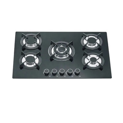 Electronic Ignition Built In Gas Hob 5 Burners With Heavy Duty Cast Iron Pan Support Panel Glass
