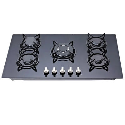 Electronic Ignition Built In Gas Hob 5 Burners With Heavy Duty Cast Iron Pan Support Panel Glass