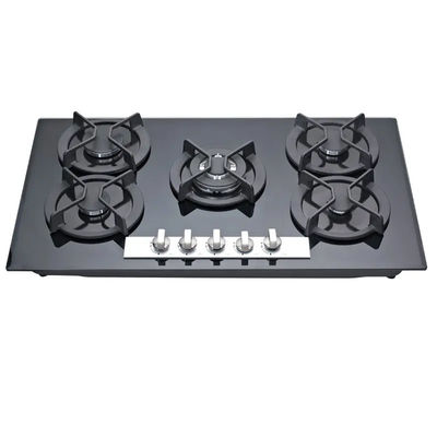 Electronic Ignition Built In Gas Hob 5 Burners With Heavy Duty Cast Iron Pan Support Panel Glass